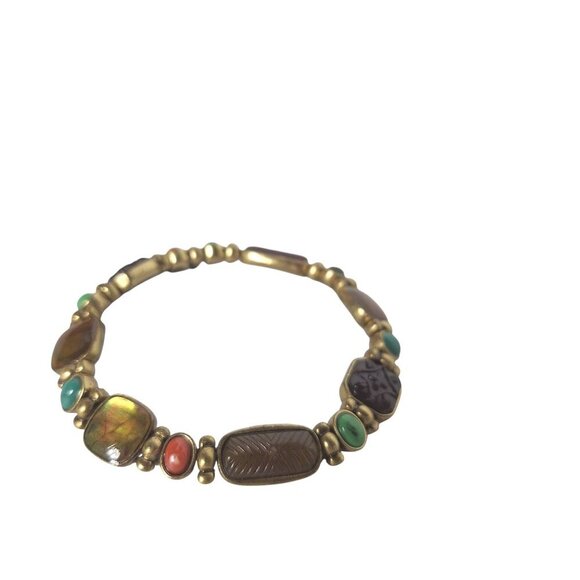 Vintage Monet Gold Tone Signed Heavy Beaded Gemstones Stretch Bracelet Jewelry - Picture 1 of 5
